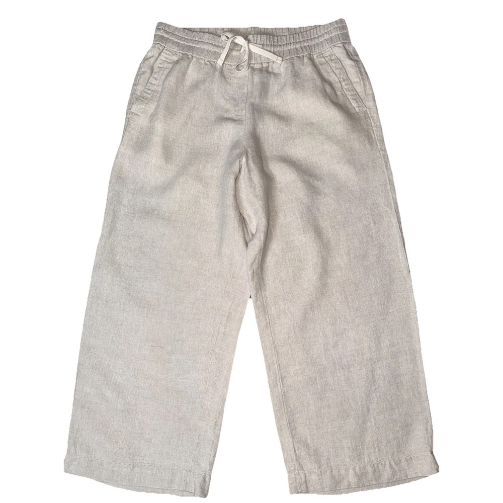 Talbots Sz S 100% Linen Wide Leg Crop Pants Pull On Drawstring Pockets Coastal